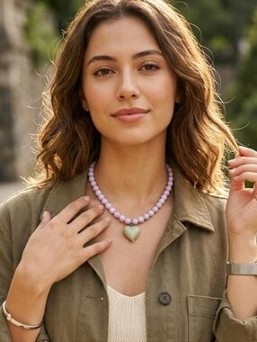 Beaded Heart Pendant Necklace in Lavender and Mint
